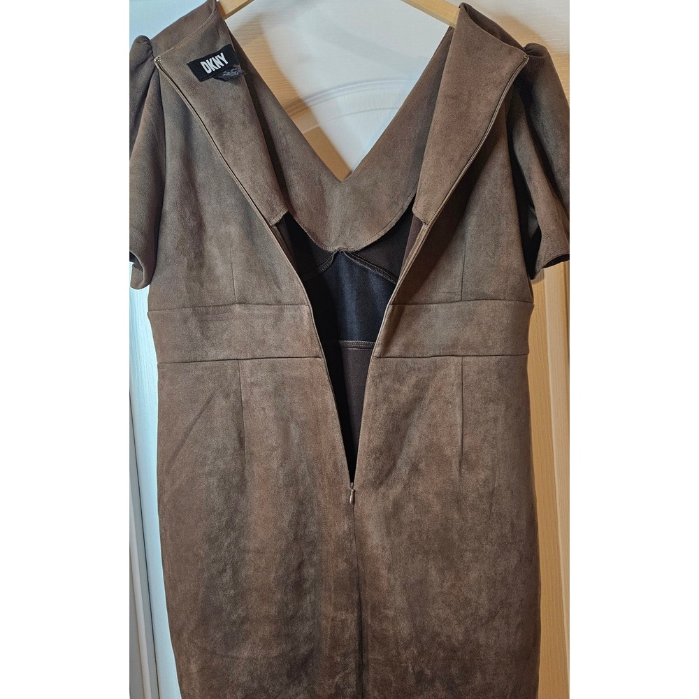 DKNY Brown Faux Suede V-Neck Puff Sleeve Mini Sheath Dress Sz 16 Party Sexy Chic - Picture 6 of 9